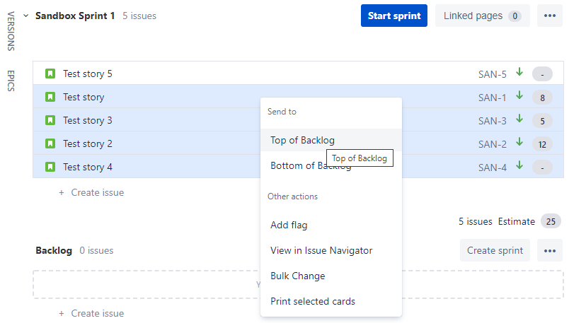 Screenshot showing Jira issue ranking options from the context menu